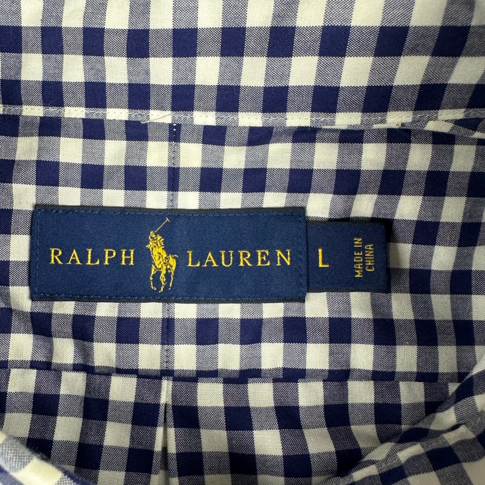 Ralph Lauren Mens Navy Gingham Check Short Sleeve Cotton Button Down Shirt Large - Picture 5 of 8